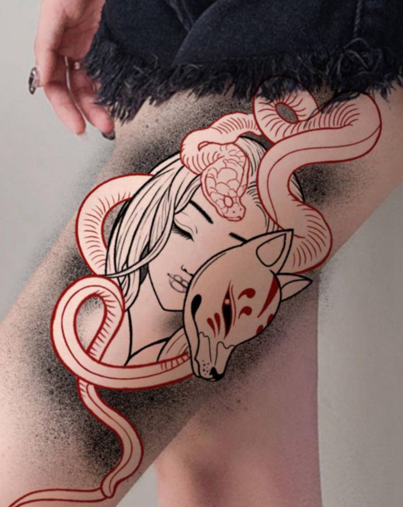 蛇女 狐面纹身手稿纹身图片_腿部手臂纹身图案