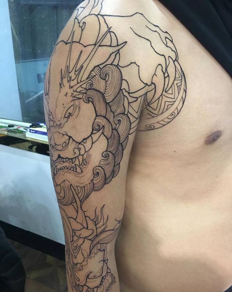 唐狮般若纹身图片_手臂新传统唐狮般若纹身图案