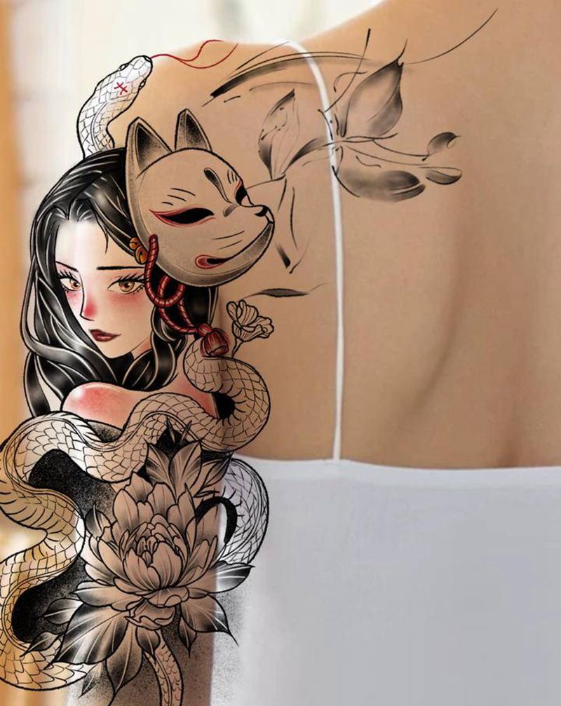 狐面女孩纹身手稿纹身图片_手臂纹身图案