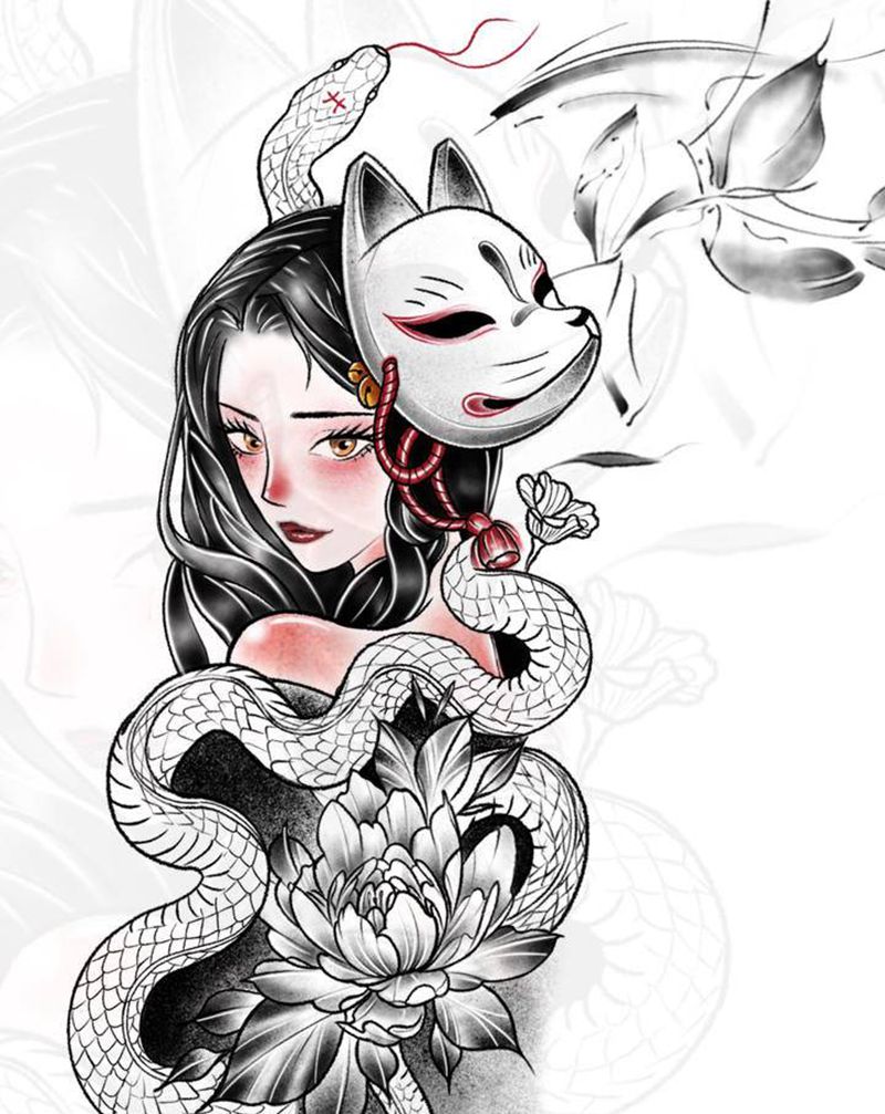 狐面少女纹身手稿纹身图片_手部纹身图案