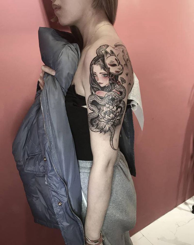 蛇女狐面纹身图片_手臂纹身图案