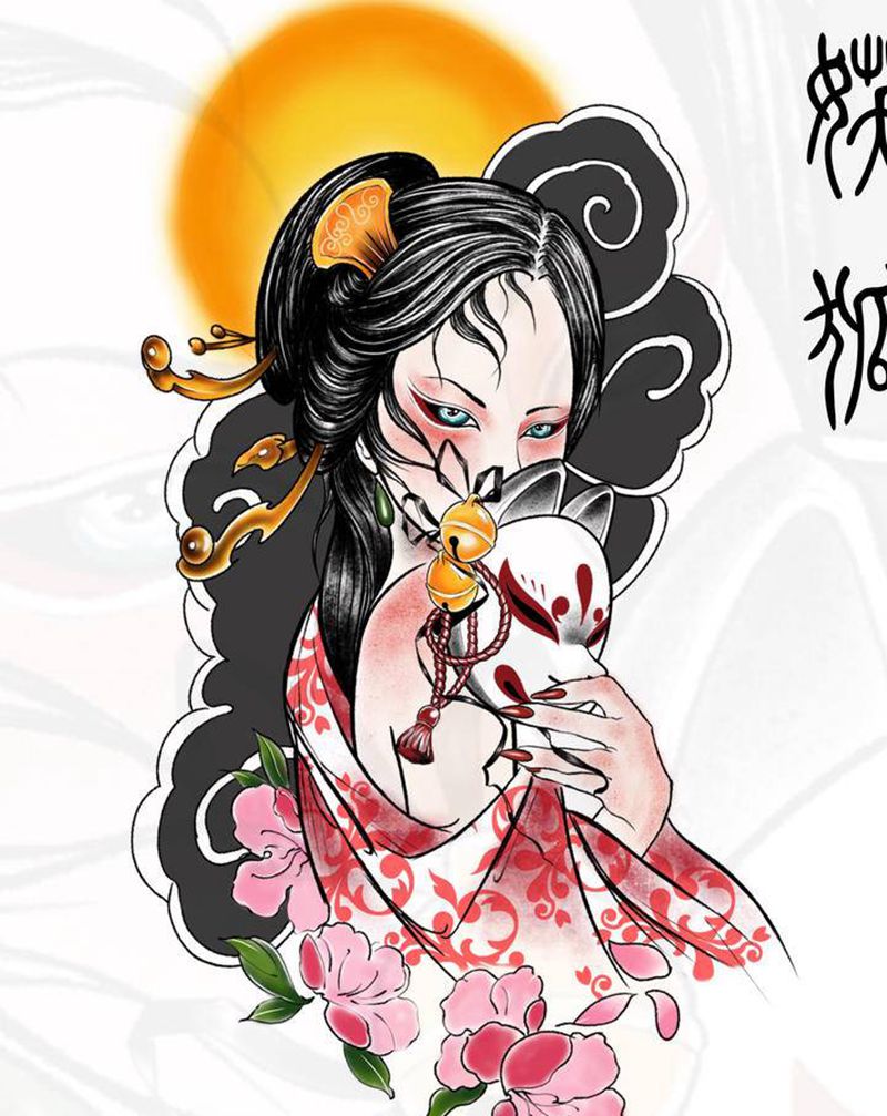 妖狐现世纹身手稿纹身图片_腿部手臂纹身图案