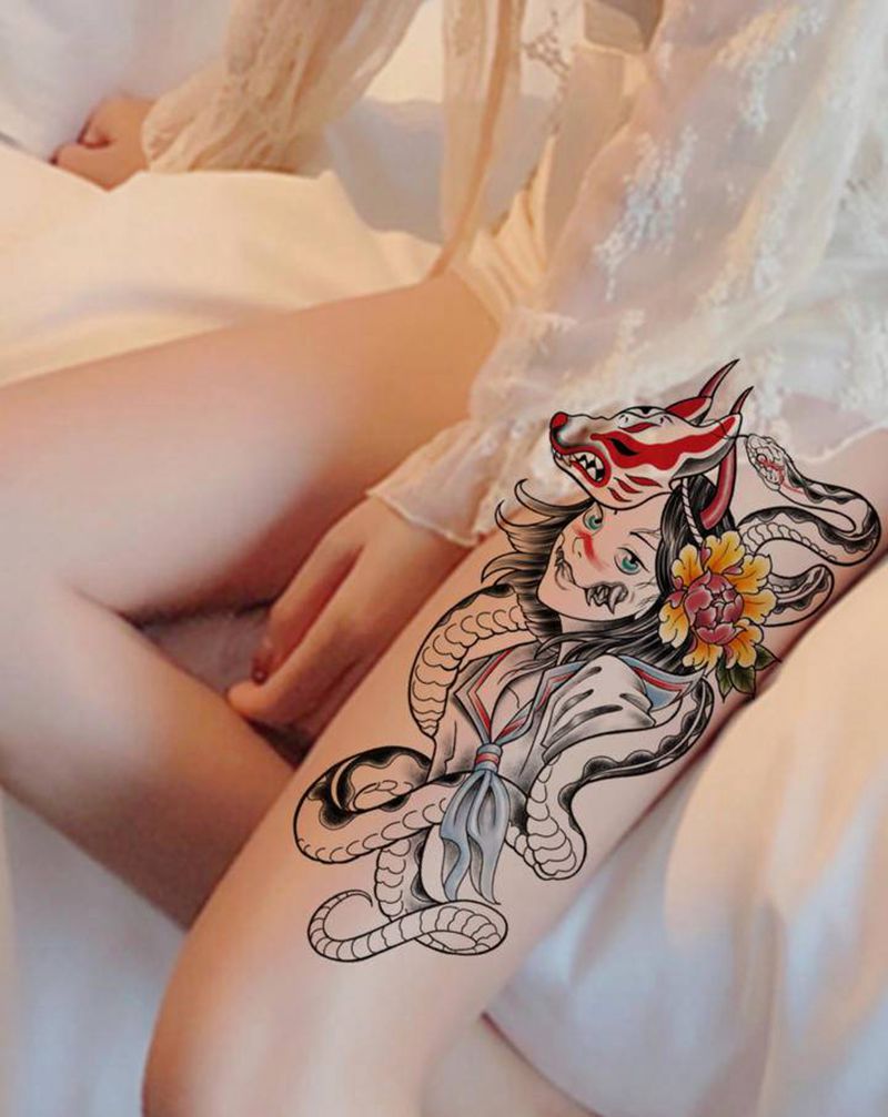 恶魔少女纹身手稿设计纹身图片_腿部手臂纹身图案