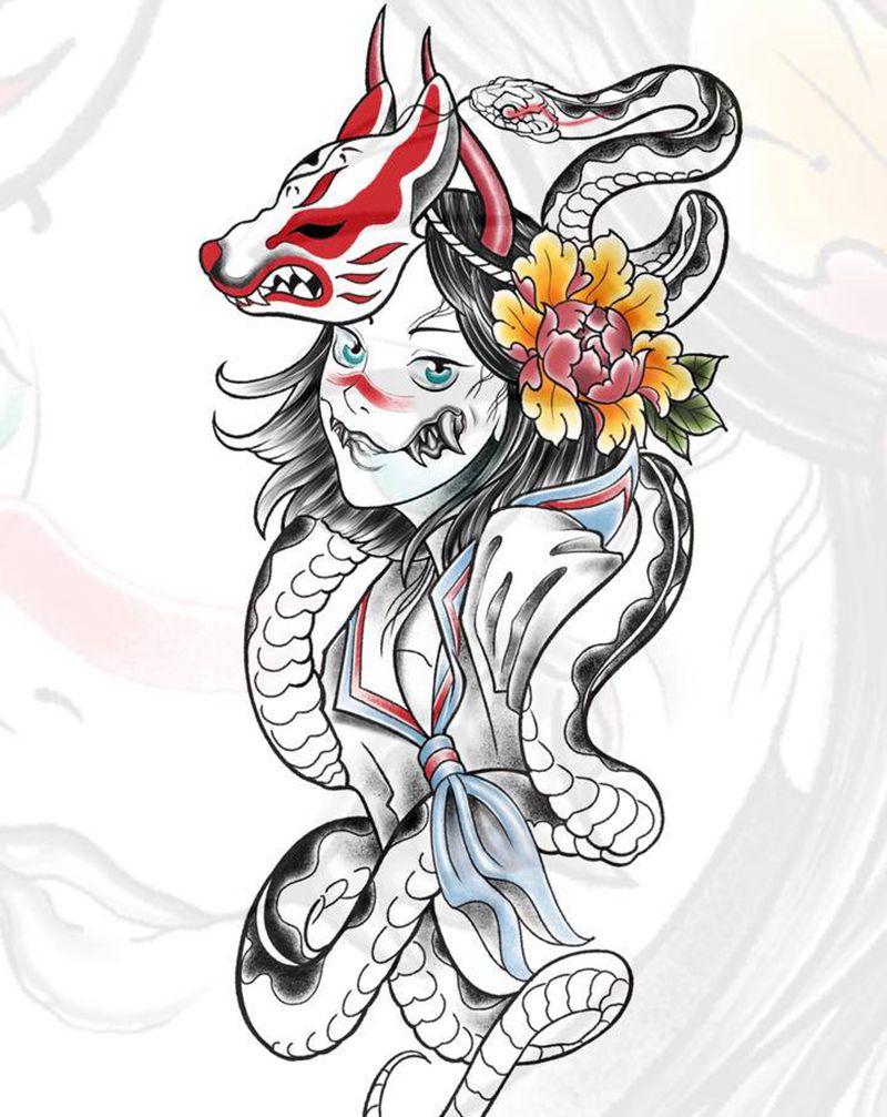 恶魔少女纹身手稿纹身图片_腿部手臂纹身图案