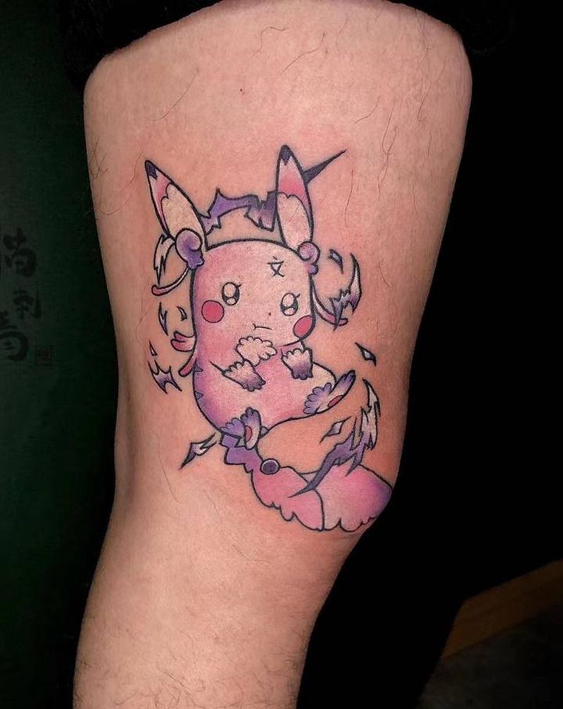 粉色皮卡丘纹身图片_腿部卡通皮卡丘彩色纹身图案