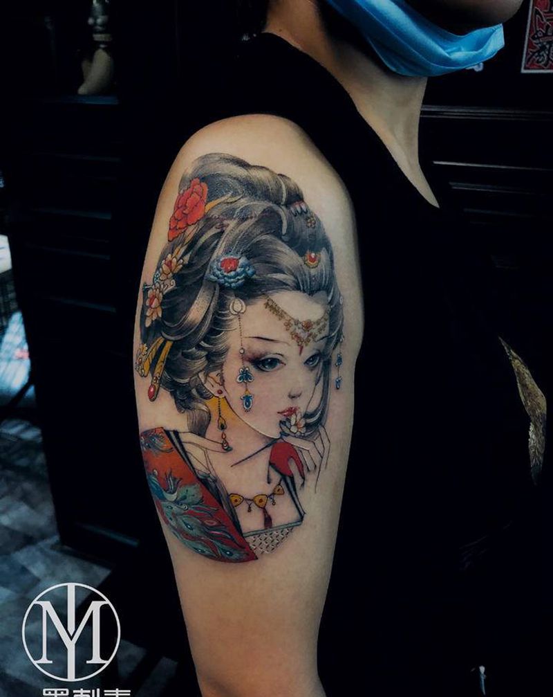 艺伎纹身图片_手臂新传统纹身图案