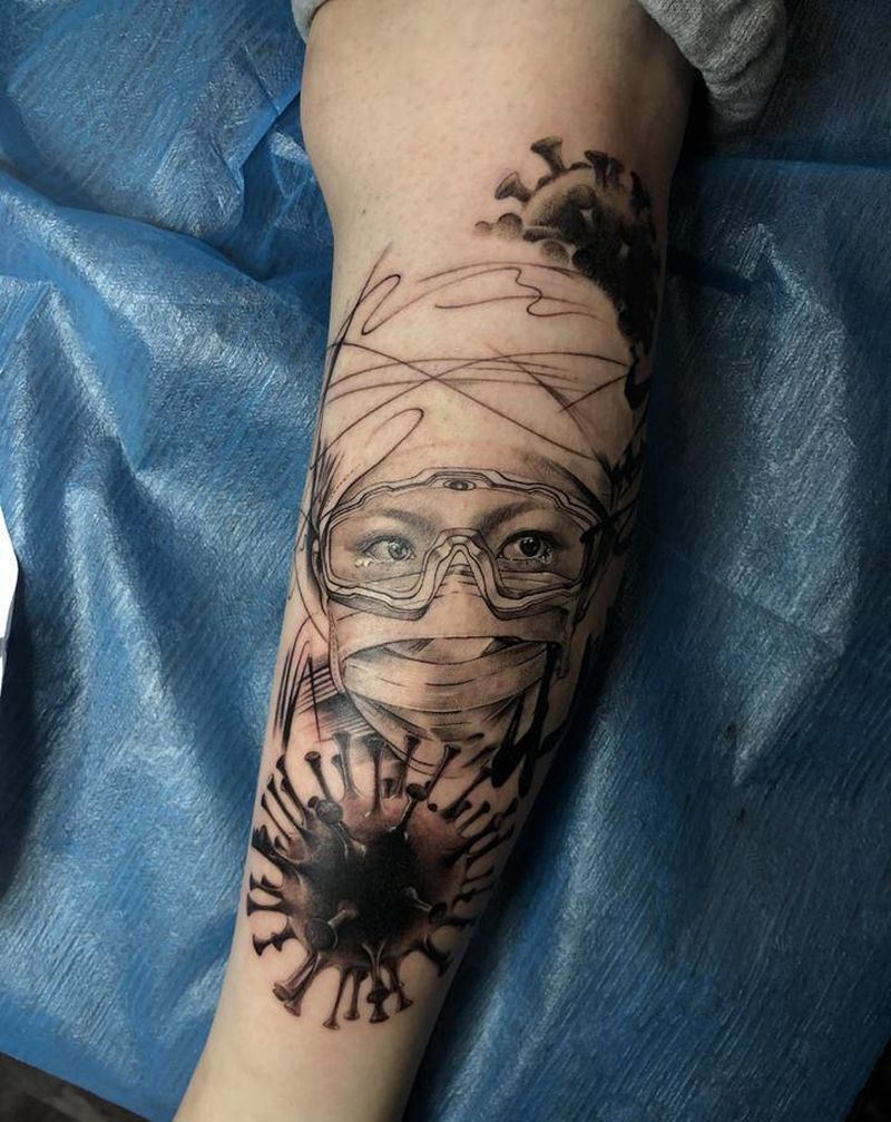 新冠之殇纹身图片_腿部欧美写实纹身图案