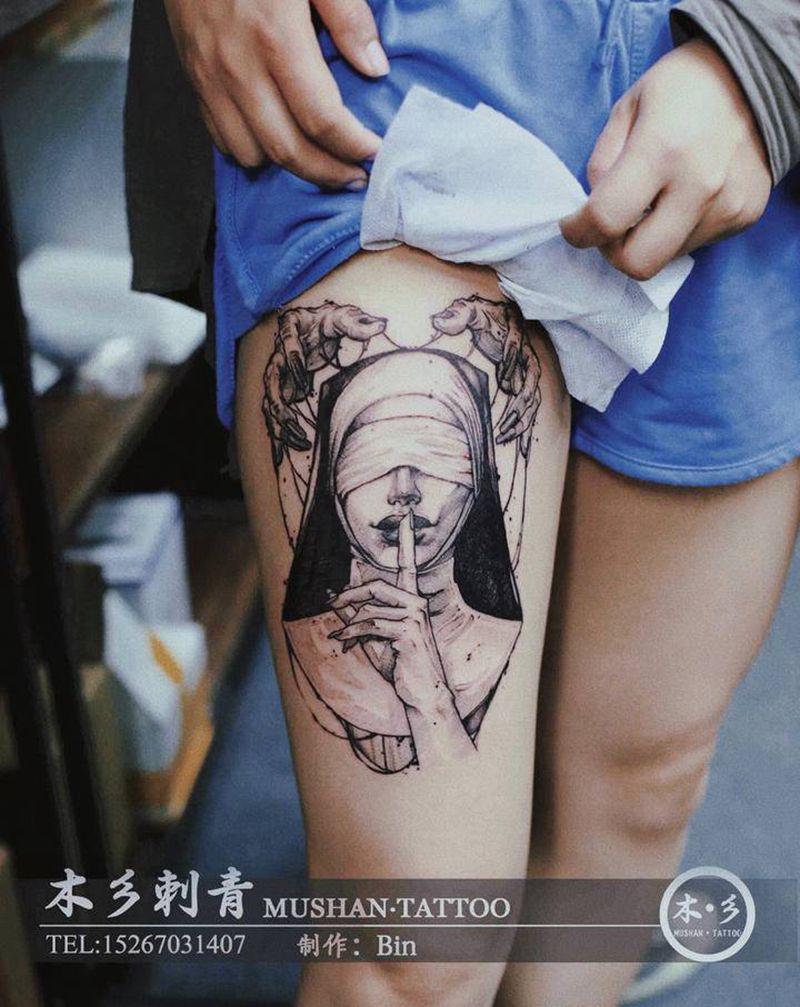 暗黑修女纹身图片_腿部点刺暗黑纹身图案