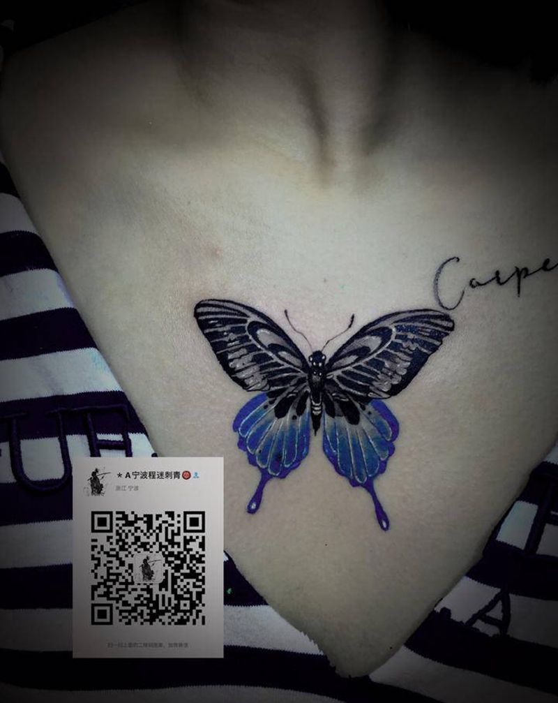 蝴蝶纹身图片_胸部图腾水彩蝴蝶纹身图案