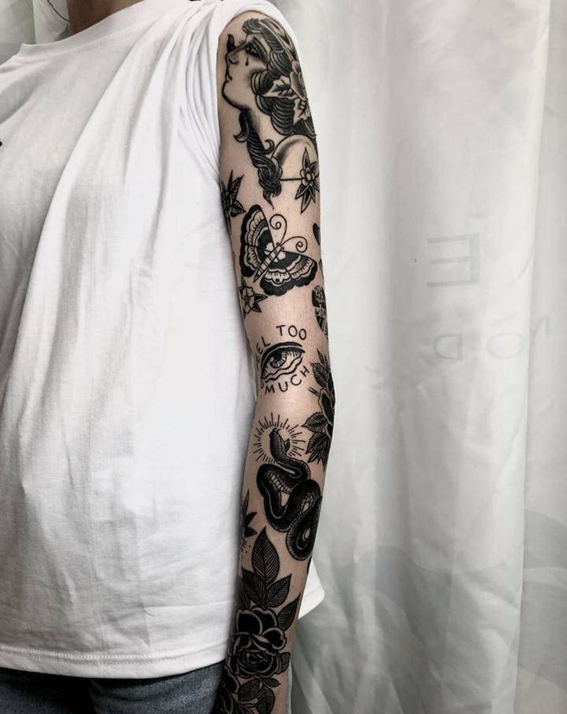 失败纹身修改+添加花臂纹身图片_手臂Old School纹身图案