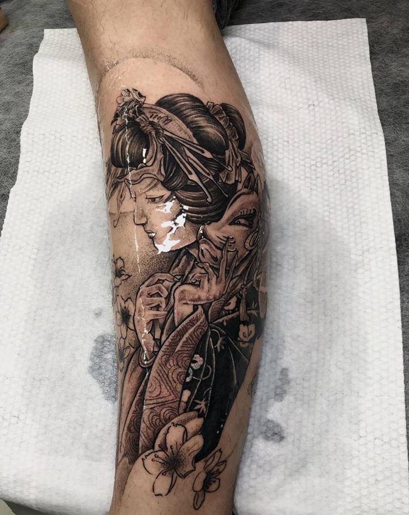 落泪艺伎回忆录纹身图片_腿部新传统纹身图案