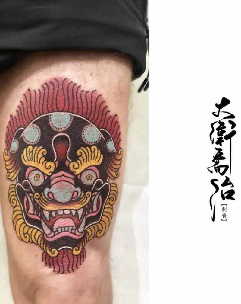 唐狮还是龙？纹身图片_腿部New School唐狮纹身图案