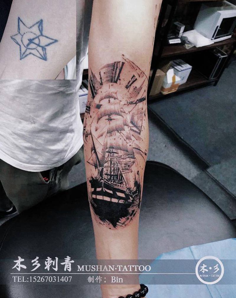 帆船遮盖纹身图片_手臂遮盖纹身图案