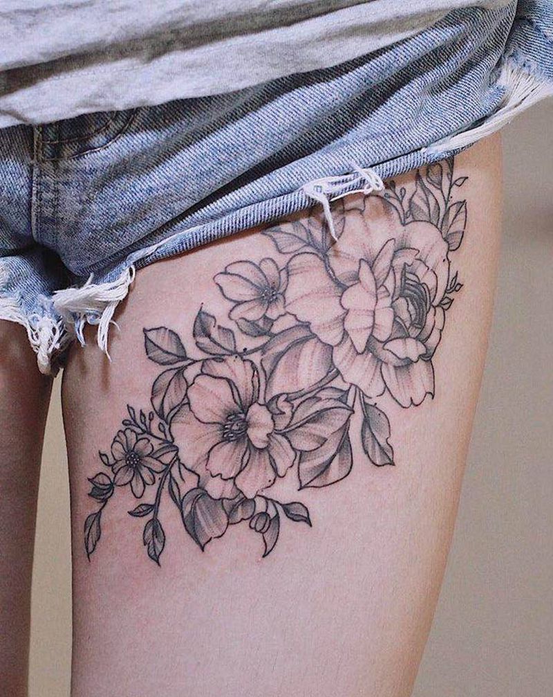 素花疤痕遮盖纹身图片_腿部点刺纹身图案