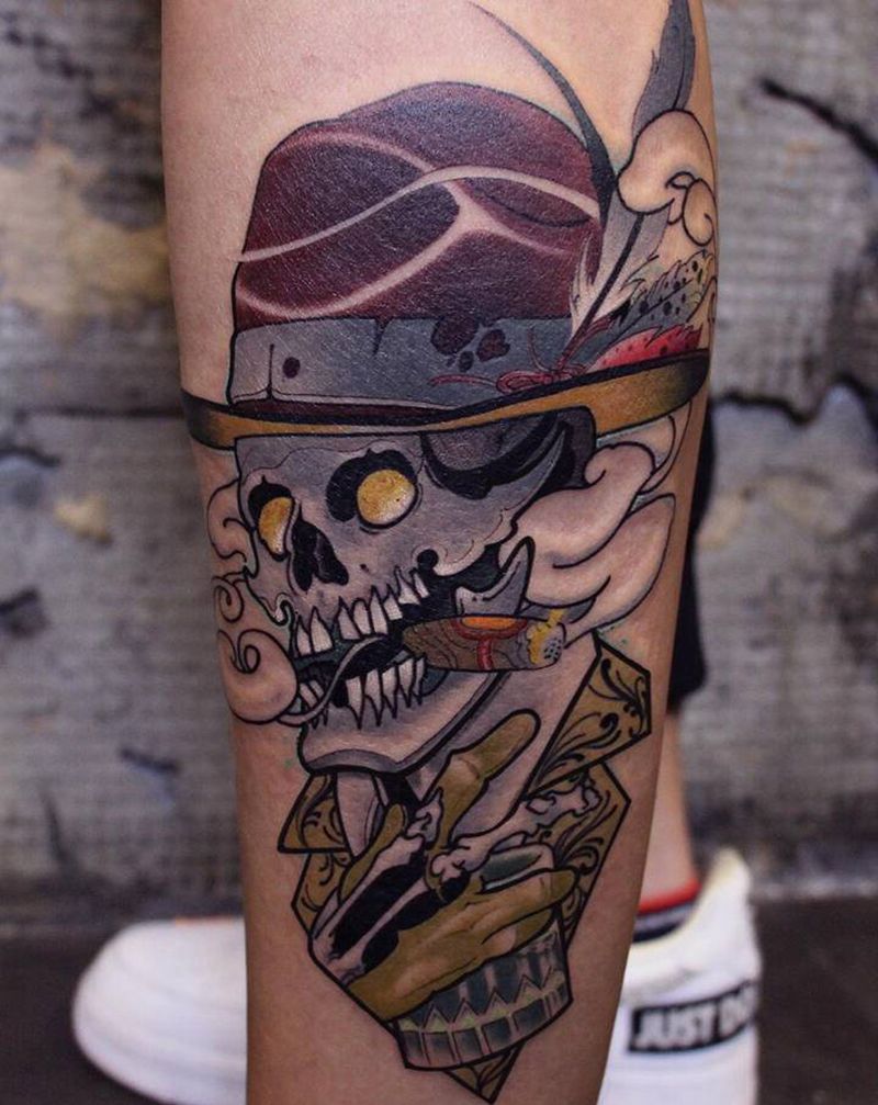 new school 烟民纹身图片_腿部New School纹身图案