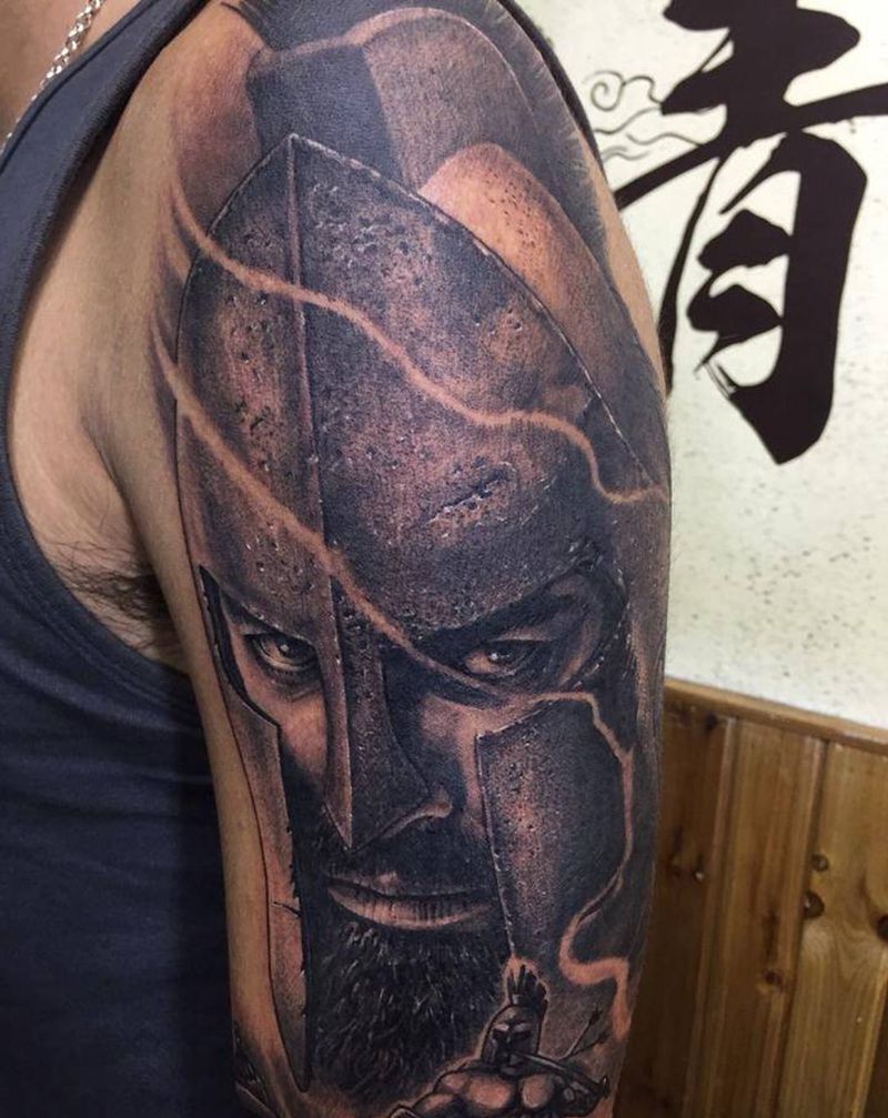 斯巴达纹身图片_手臂欧美写实纹身图案