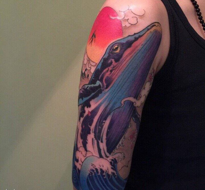 鲸纹身图片_手臂新传统纹身图案