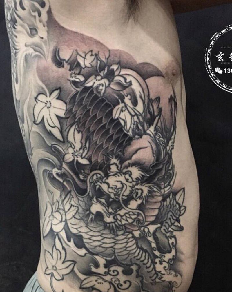明王麒麟、未完纹身图片_腰部纹身图案