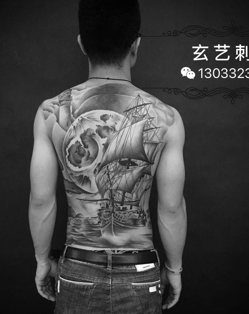 帆船纹身图片_背部纹身图案