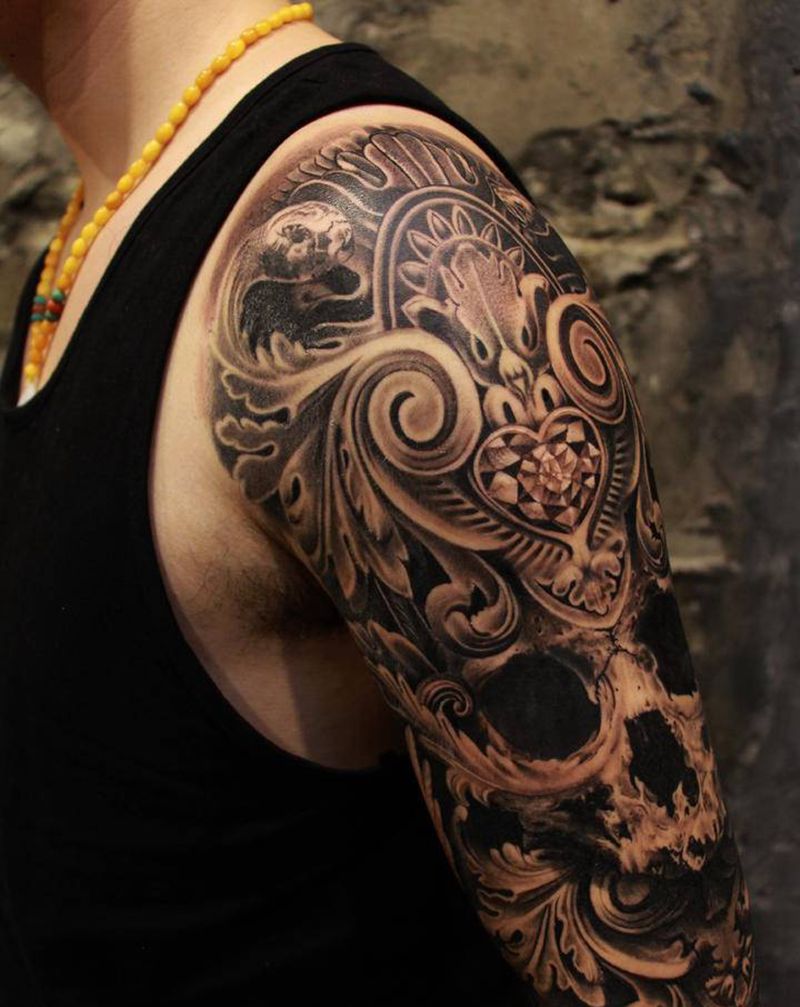 欧美黑灰纹身图片_手臂欧美写实纹身图案