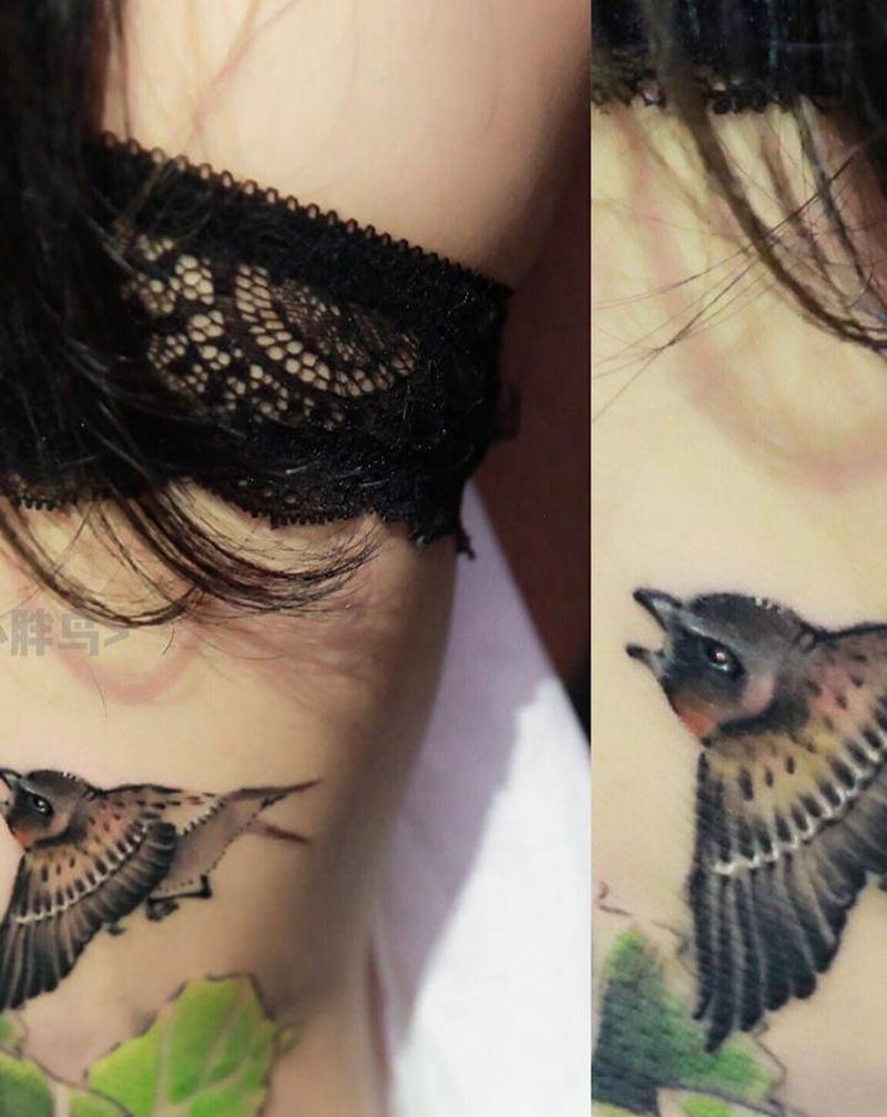 小胖鸟纹身图片_胸部背部水墨水彩小鸟小动物工笔纹身图案