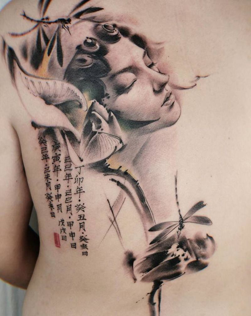 无上出品《花旦》纹身图片_背部肩部水墨老传统花旦莲花书法纹身图案