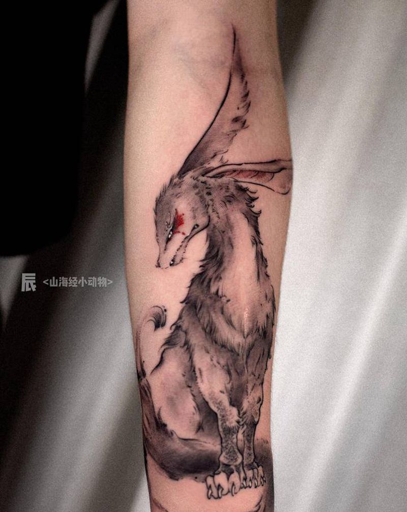 山海经小动物纹身图片_手臂手部水墨老传统兔子狐狸鬼怪纹身图案