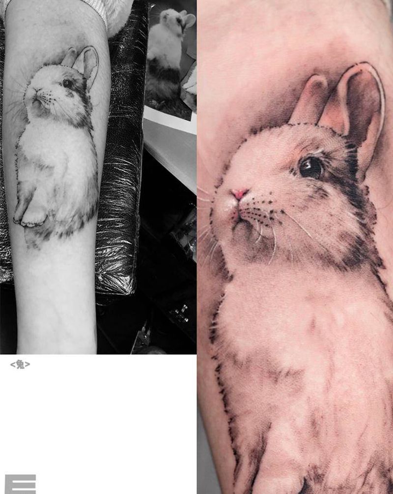 兔子纹身图片_手臂手部水墨欧美写实兔子纹身图案