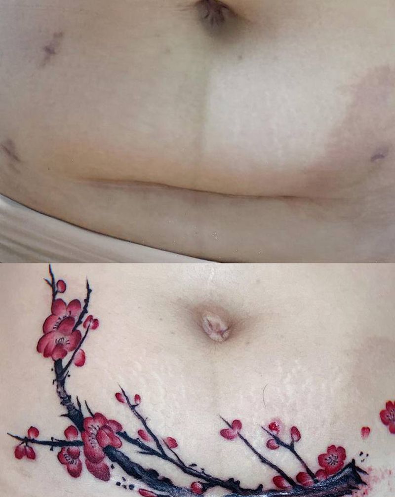 剖腹产纹身，梅花纹身图片_腹部水墨水彩纹身图案