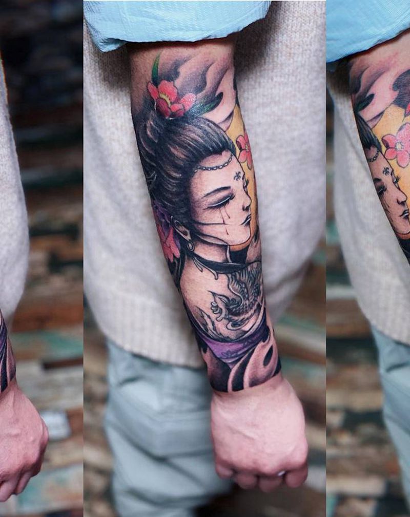 艺妓纹身图片_手部新传统水彩纹身图案