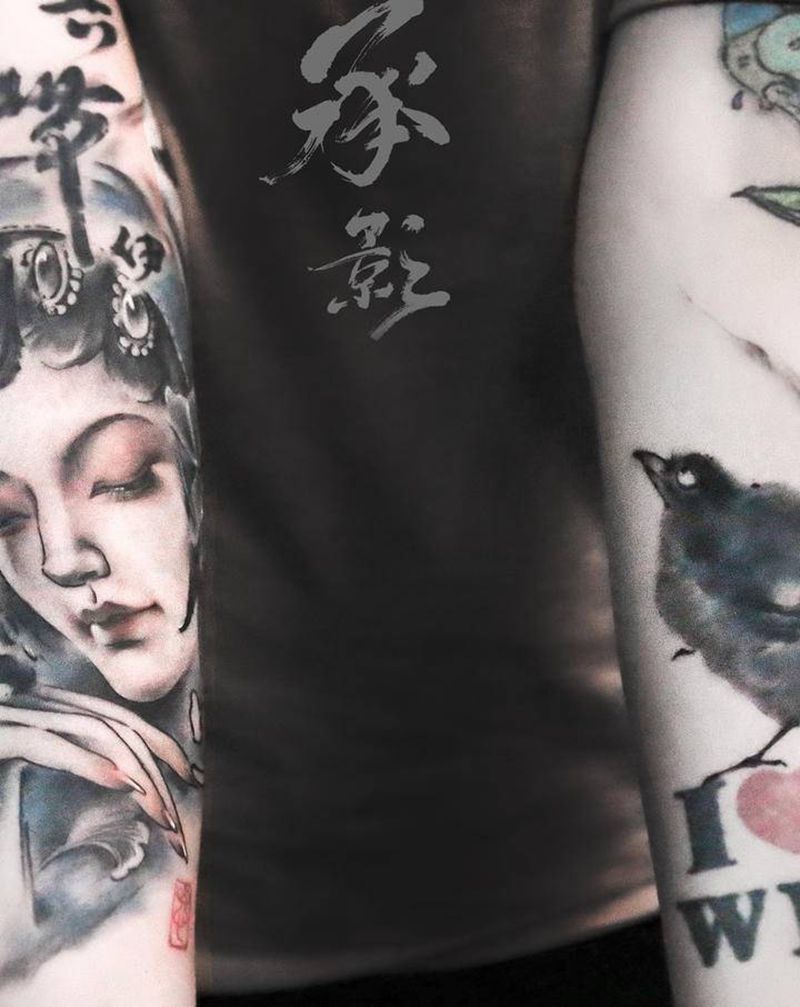 花旦纹身图片_水墨老传统纹身图案