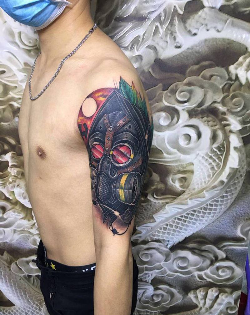防毒面具遮盖纹身图片_手臂新传统纹身图案