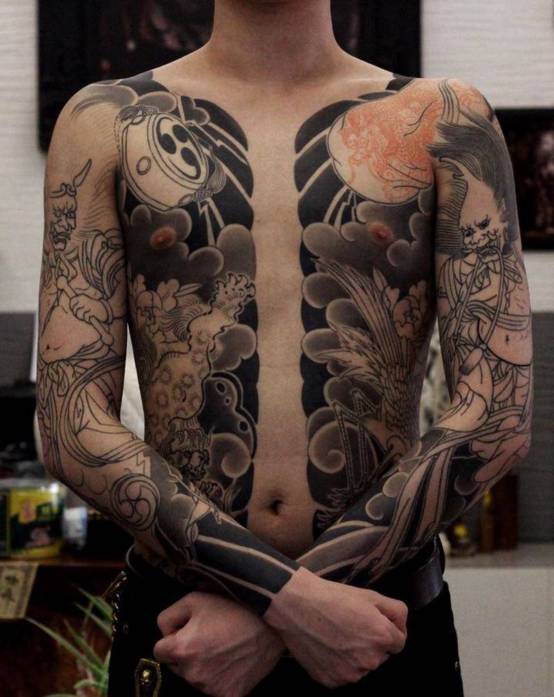 日式开衫纹身图片_胸部背部老传统通体风神雷神纹身图案