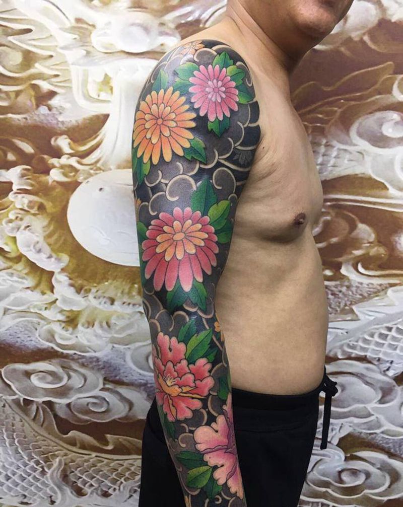 日式花臂纹身图片_手臂老传统纹身图案