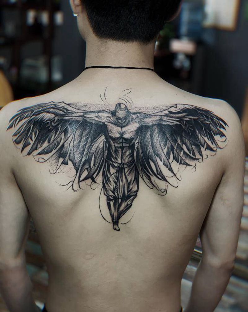 六翼天使纹身纹身图片_背部几何点刺纹身图案