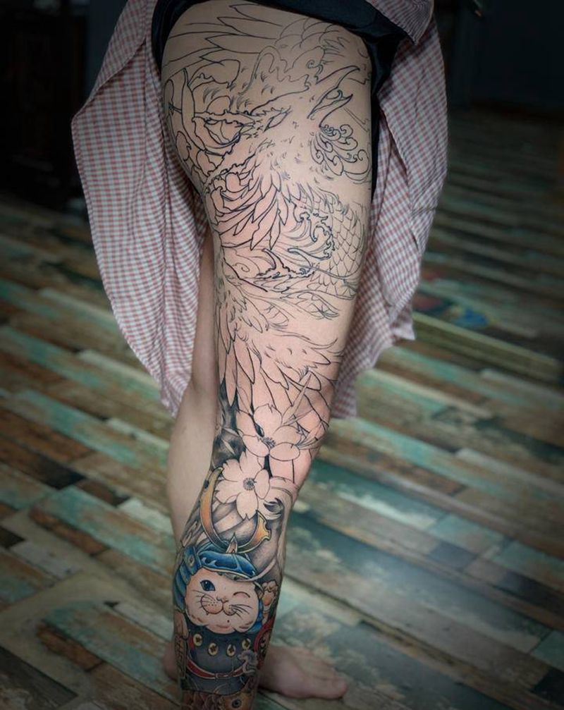 凤凰花腿纹身图片_腿部新传统纹身图案