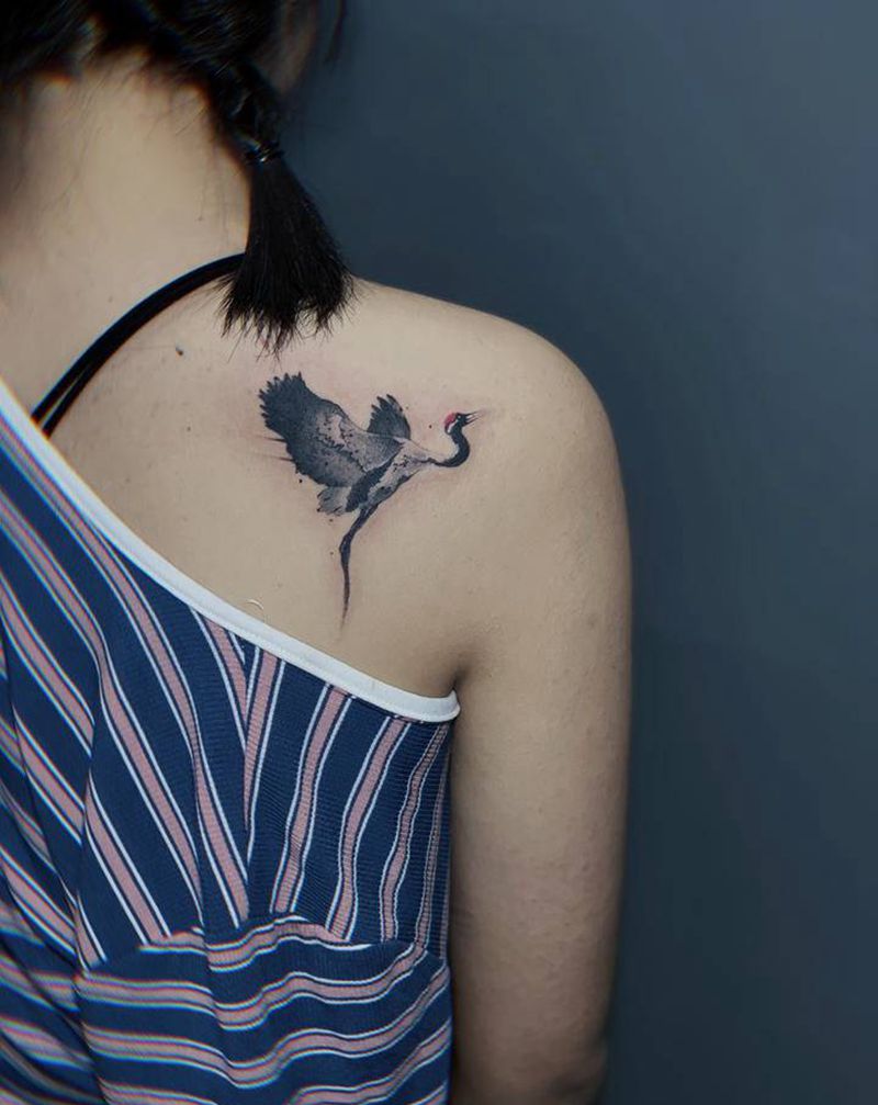 鹤纹身纹身图片_背部New School新传统纹身图案