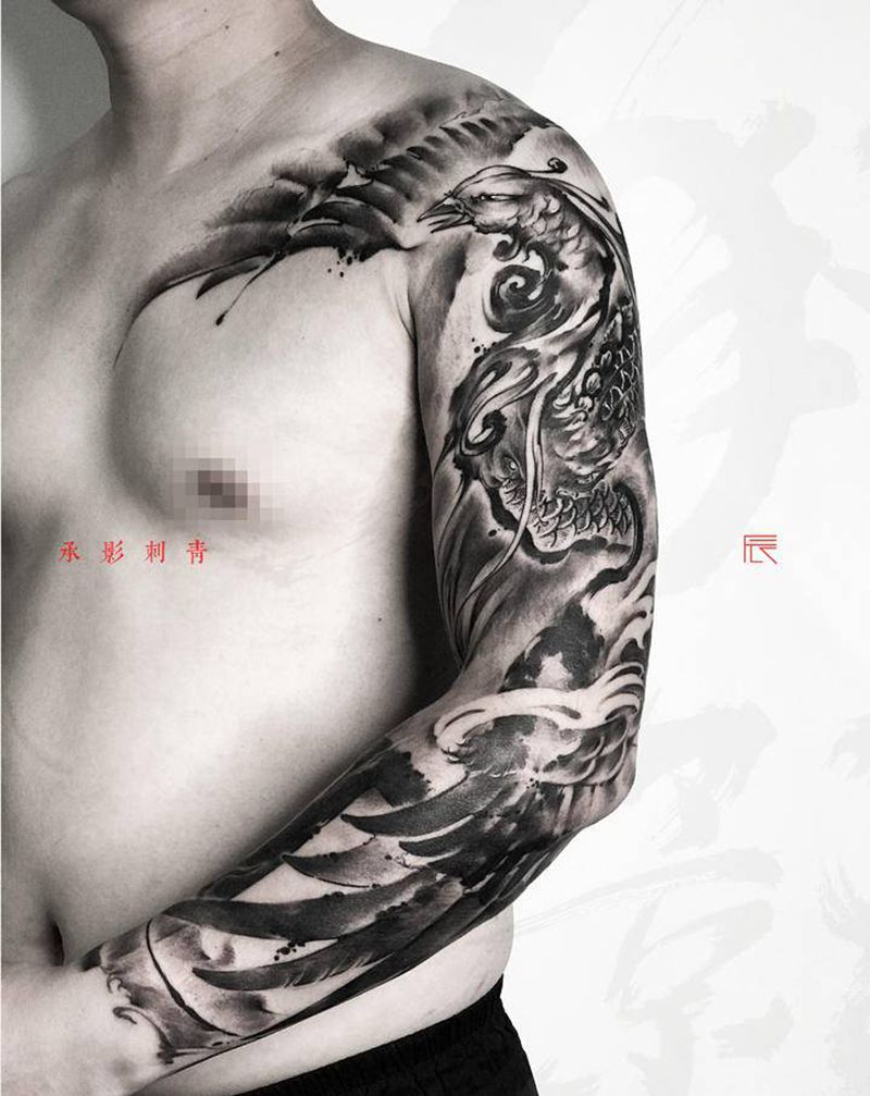 凤凰花臂纹身图片_手臂手部老传统水墨纹身图案