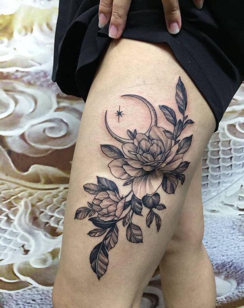 素花遮盖疤痕纹身图片_腿部新传统纹身图案