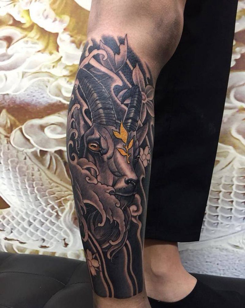 羊头纹身图片_腿部新传统纹身图案