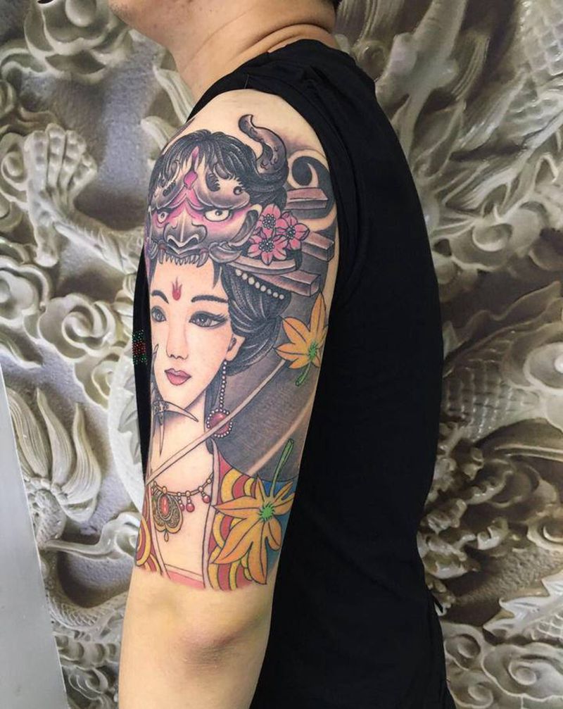 大臂艺妓纹身图片_手臂新传统纹身图案