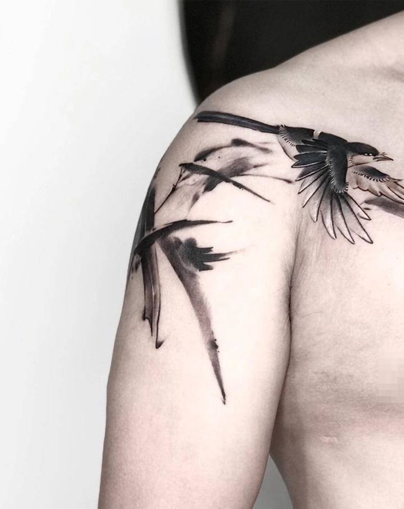 竹纹身图片_胸部肩部水彩水墨纹身图案