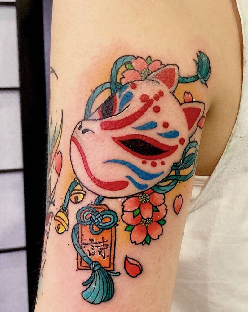 日式狐狸面纹身图片_手臂日式纹身图案