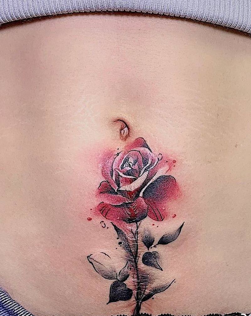 水墨疤痕遮盖纹身图片_腹部水墨纹身图案