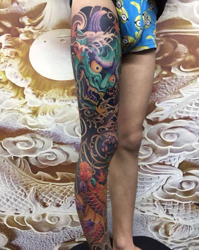 花腿纹身图片_腿部新传统纹身图案