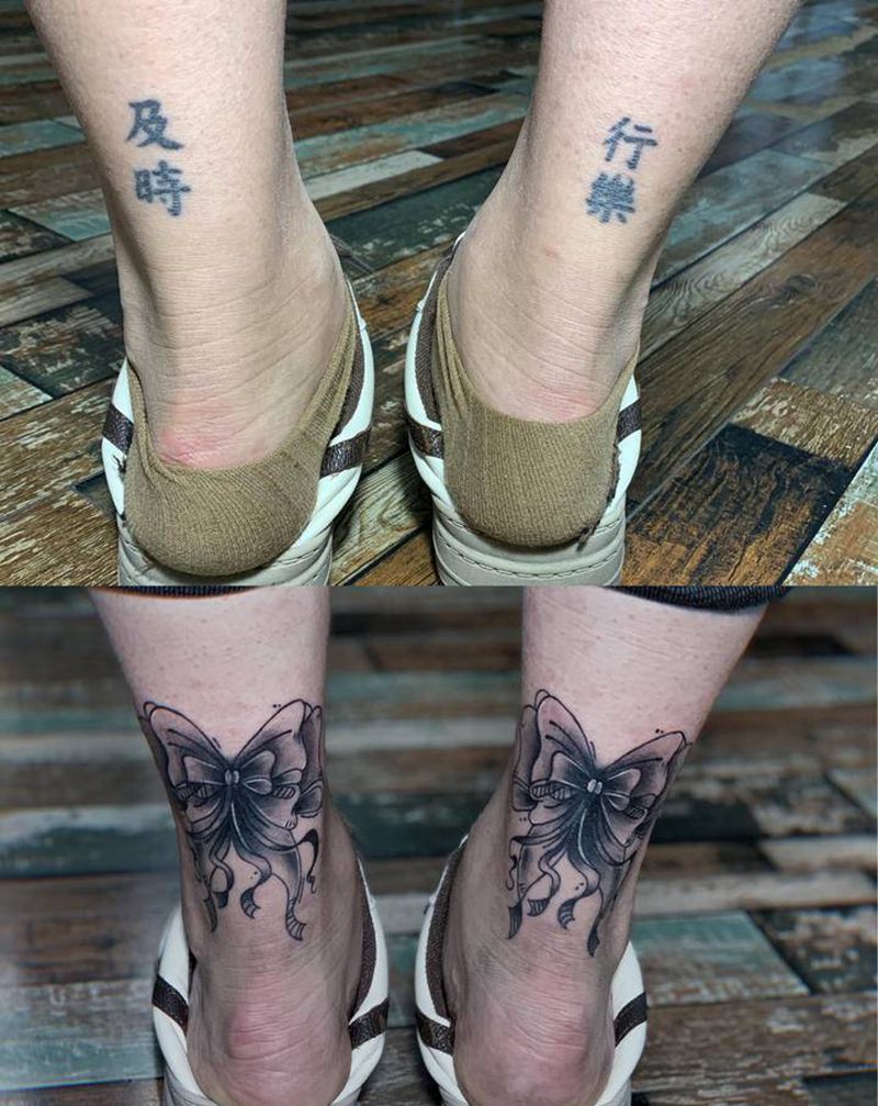 遮盖纹身纹身图片_脚部几何水墨纹身图案