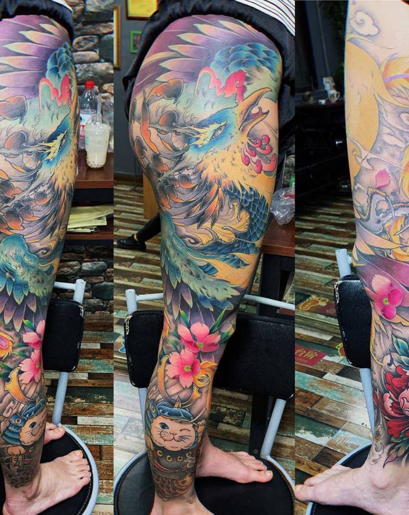 花腿纹身图片_腿部臀部新传统纹身图案