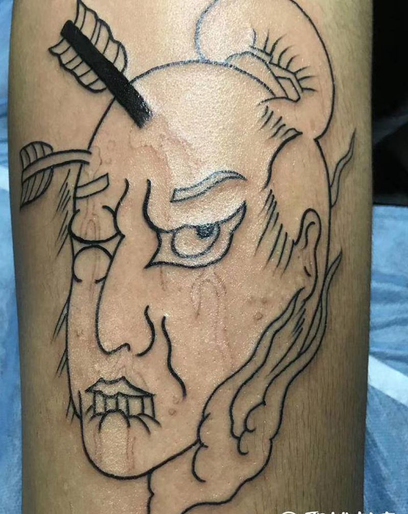 2018.8.20生首纹身纹身图片_腿部新传统纹身图案