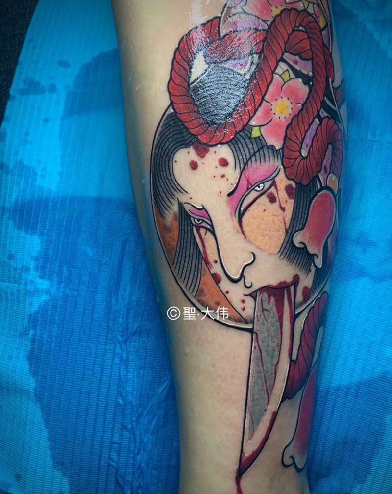 葫芦 生首 艺技纹身图片_脚部老传统水墨生首纹身图案