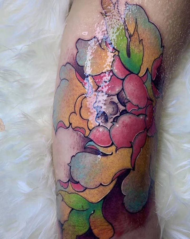 花纹身骷髅头牡丹纹身图片_手臂新传统水彩牡丹花纹身图案